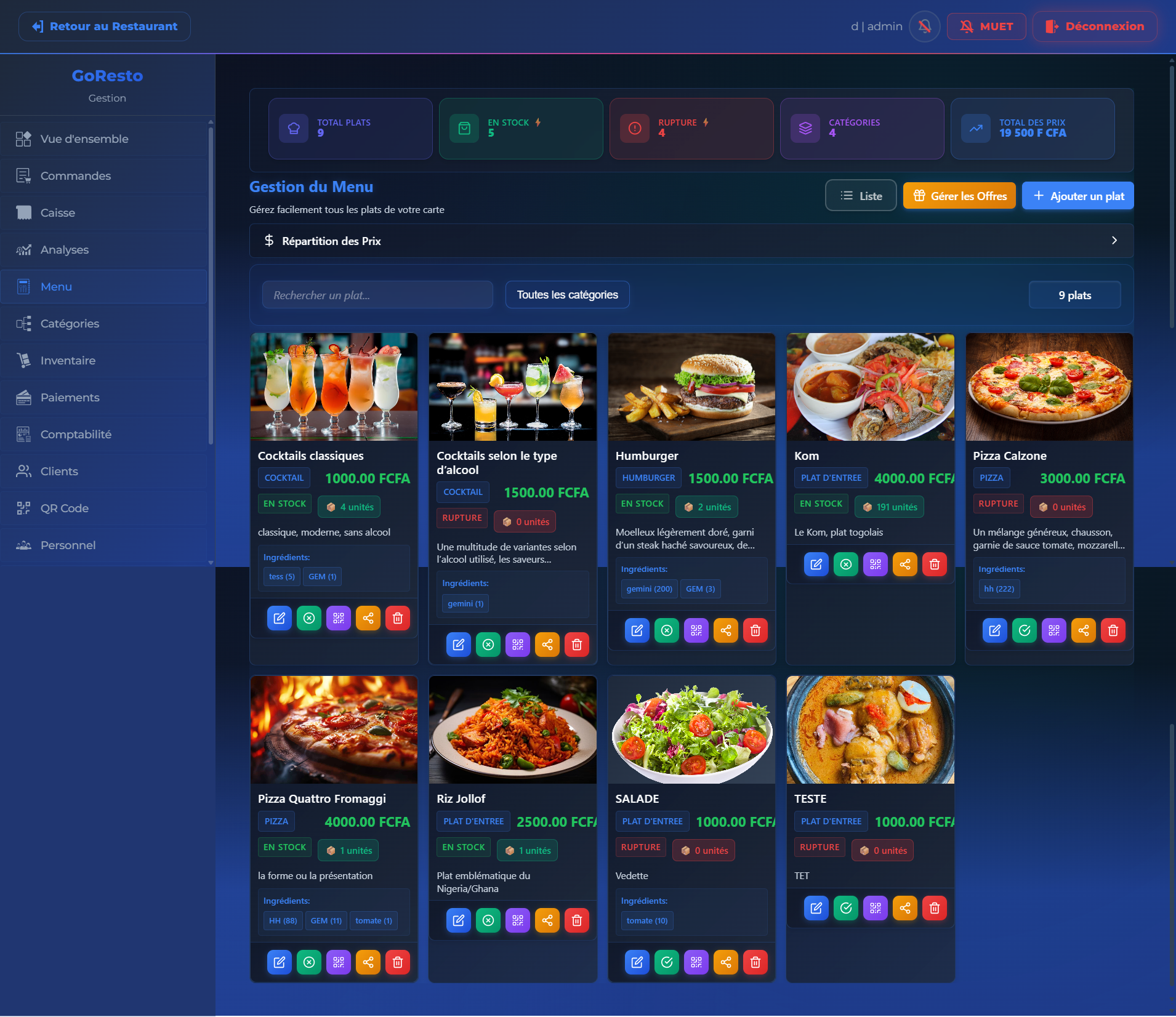 Système gestion commandes restaurant temps réel GoResto Togo, interface digitale restauration