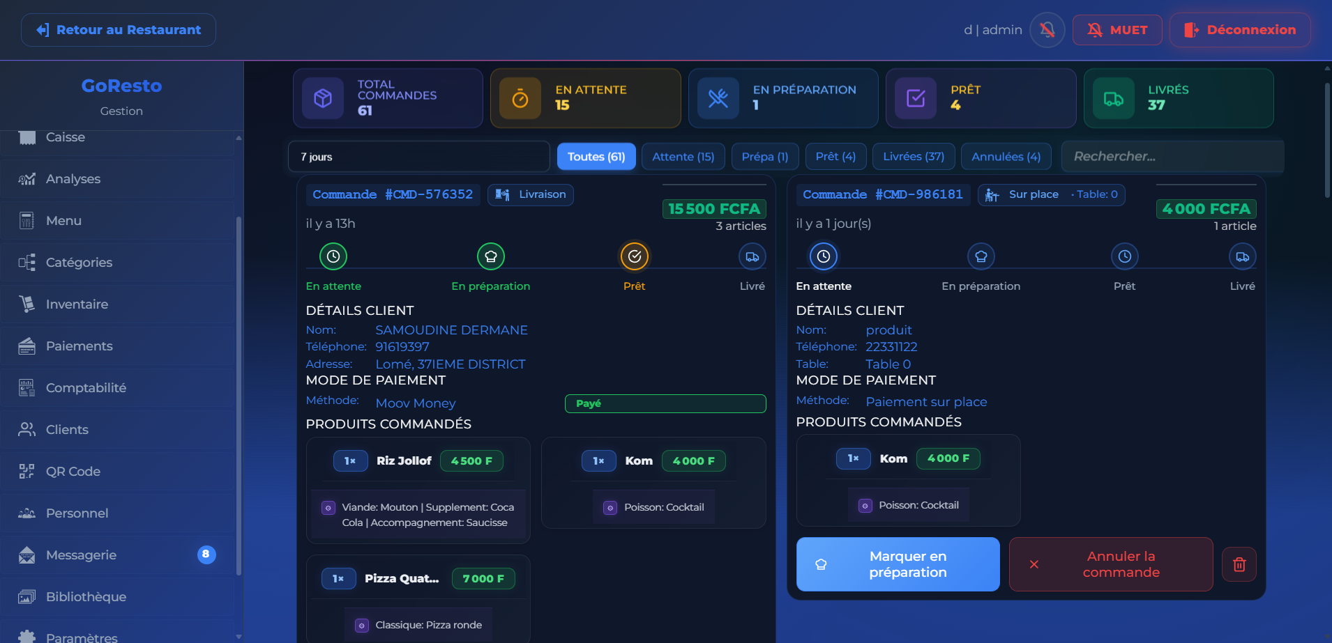 Interface GoResto - Tableau de bord gestion restaurant Togo, commandes temps réel, menu digital QR code